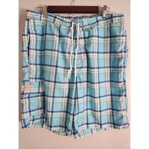 Chaps‎ Swim Shorts Mens Large Blue Plaid Logo Beach Boardshorts Swim Surf Cargo
